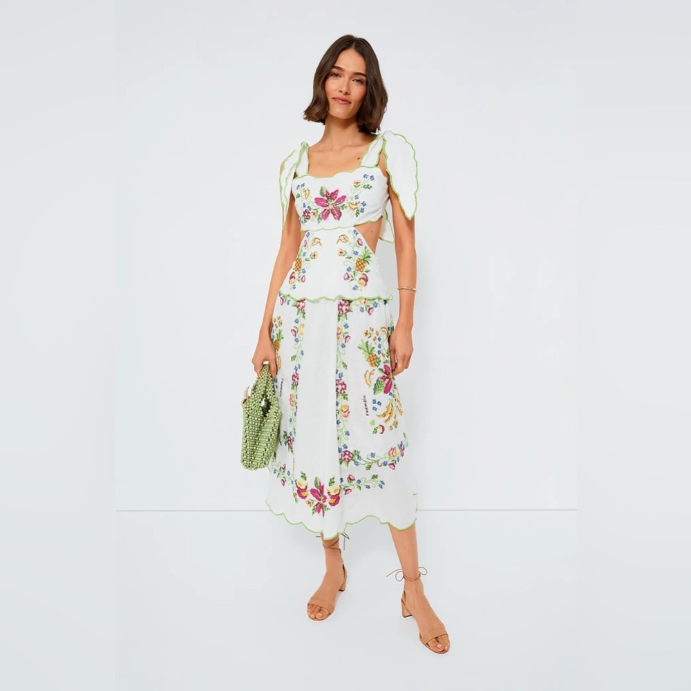 FARM RIO
Tropical Romance Floral-embroidered Linen-blend Midi Dress